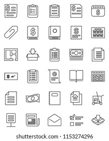 thin line vector icon set - cleaner trolley vector, book, copybook, schedule, clipboard, certificate, document, exam, cash, annual report, dollar calendar, money, receipt, newspaper, mail, network