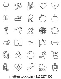 thin line vector icon set - diet vector, barbell, measuring, heart pulse, pills vial, jump rope, hand trainer, punching bag, fitball, muscule, buttocks, snickers, shorts, roller Skates, target, pool