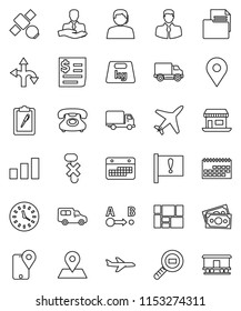 thin line vector icon set - route vector, map pin, attention, office, plane, satellite, money, phone, support, client, traking, delivery, car, clock, calendar, receipt, consolidated cargo, clipboard