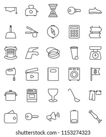 thin line vector icon set - water tap vector, scoop, trash bin, drying clothes, pan, scales, cook press, ladle, mixer, oven, copybook, graduate hat, compass, sand clock, dollar flag, snickers, hoop