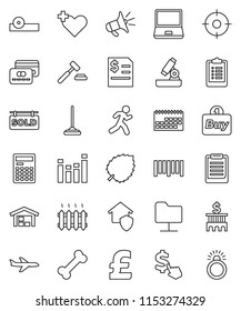 thin line vector icon set - mop vector, microscope, calculator, clipboard, leaf, auction, annual report, bank building, dollar cursor, pound, bone, run, plane, calendar, barcode, equalizer, barn