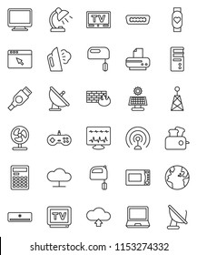 thin line vector icon set - steaming vector, mixer, microwave oven, table lamp, calculator, heart monitor, earth, satellite antenna, tv, hdmi, diagnostic, cloud network, browser, firewall, upload