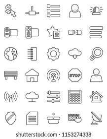 thin line vector icon set - world vector, document, calculator, dollar cursor, antenna, video camera, connect, cloud network, gear, equalizer, menu, shield, firewall, hub, home, favorites, bench
