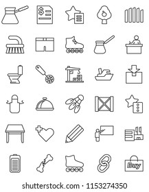 thin line vector icon set - fetlock vector, toilet, apron, skimmer, turk coffee, dish, pencil, blackboard, student, annual report, shorts, roller Skates, shuttlecock, ship, wood box, package, link