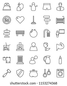 thin line vector icon set - cleaner trolley vector, mop, drying clothes, shower, kettle, apron, meat hammer, jug, blackboard, punching bag, fitball, muscule hand, shorts, no fastfood, gymnast rings