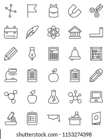 thin line vector icon set - graduate hat vector, pen, pencil, corner ruler, student, backpack, apple fruit, atom, microscope, bell, table lamp, calculator, notebook pc, clipboard, magnet, scissors