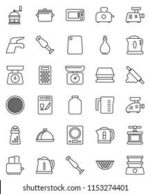 thin line vector icon set - water tap vector, sponge, pan, kettle, oil, colander, measuring cup, scales, cook press, rolling pin, cutting board, hand mill, grater, toaster, blender, sieve, dish, jar