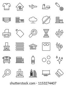 thin line vector icon set - shining vector, splotch, plates, towel, skimmer, cutting board, school building, bus, magnifier, percent growth, sand clock, scales, t shirt, water bottle, plane, ship