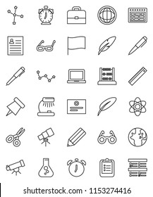 thin line vector icon set - pen vector, pencil, ruler, glasses, case, atom, telescope, table lamp, notebook pc, alarm clock, schedule, clipboard, paper pin, certificate, scissors, abacus, world