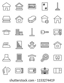 thin line vector icon set - mop vector, sponge, window cleaning, welcome mat, iron, steaming, house hold, microwave oven, university, dry cargo, home, key, garage, sold signboard, apartments, smart