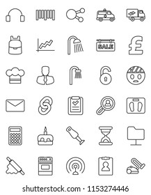 thin line vector icon set - shower vector, cook hat, rolling pin, oven, blender, cake, backpack, graph, manager, calculator, personal information, pound, scales, barcode, antenna, headphones, mail