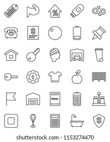 thin line vector icon set - trash bin vector, spices, apple fruit, paper pin, flag, percent growth, calculator, punching bag, fitball, muscule hand, medal, phone, barcode, battery, stop button, key