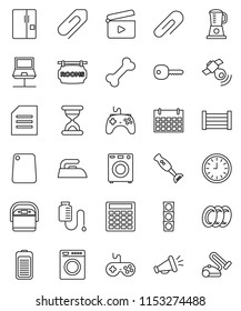 thin line vector icon set - iron vector, plates, cutting board, blender, document, calculator, clock, calendar, bone, traffic light, wood box, cinema clap, satellitie, gamepad, battery, sand, key
