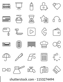 thin line vector icon set - water tap vector, washing powder, cook hat, turk coffee, toaster, pen, presentation, wallet, cent sign, bottle, heart cross, stadium, calendar, umbrella, big scales, usb