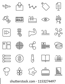 thin line vector icon set - window cleaning vector, splotch, cutting board, bbq, mushroom, book, constellation, dollar medal, tie, muscule hand, target, molecule, cereals, pool, hoop, plane, no hook