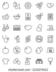 thin line vector icon set - liquid soap vector, potato, diet, stadium, clipboard, fitball, t shirt, medal, pills, sports nutrition, breads, shuttlecock, pool, no alcohol sign, smoking, gymnast rings