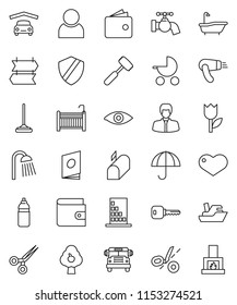 thin line vector icon set - mop vector, water tap, bath, shower, meat hammer, school bus, wallet, manager, bottle, ship, umbrella, tulip, heart, eye, scissors, shield, user, key, fruit tree, garage