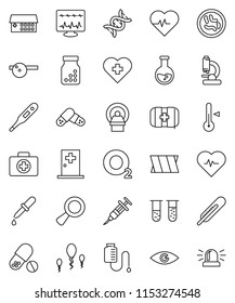 thin line vector icon set - thermometer vector, flask, heart pulse, pills, cross, first aid kit, oxygen, vial, eye, dna, magnifier, syringe, dropper, bottle, doctor hat, microscope, microbs, bandage