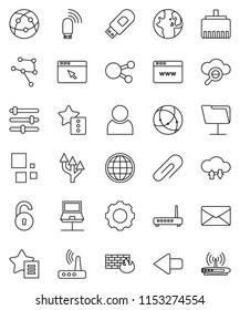 thin line vector icon set - world vector, internet, social media, connection, network, notebook, folder, cloud glass, exchange, browser, gear, equalizer, firewall, usb modem, router, lan connector