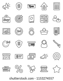 thin line vector icon set - laptop graph vector, crisis, dollar growth, target, office, credit card, open, 24 hour, percent, store, mall, customer, support, buy, reader, basket, calculator, trolley