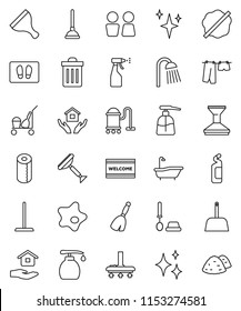 thin line vector icon set - plunger vector, scraper, cleaner trolley, broom, vacuum, mop, scoop, trash bin, car fetlock, shining, splotch, welcome mat, bath, drying clothes, toilet brush, sprayer