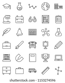 thin line vector icon set - copybook vector, graduate hat, pen, pencil, school building, ruler, glasses, case, backpack, bell, table lamp, notebook pc, schedule, clipboard, award cup, magnet, bus