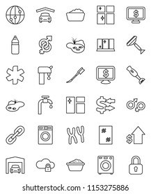 thin line vector icon set - scraper vector, car fetlock, window cleaning, washer, foam basin, shining, blender, exchange, dollar growth, monitor, water bottle, internet, ambulance star, gender sign