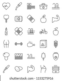 thin line vector icon set - cereal vector, mushroom, potato, chicken leg, oil, apple fruit, barbell, heart pulse, bike, muscule hand, buttocks, cereals, breads, pool, first aid kit, doctor bag