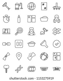 thin line vector icon set - scraper vector, vacuum cleaner, window cleaning, foam basin, plates, shining, woman, colander, cook timer, exchange, punching bag, protected, cargo search, internet, dna