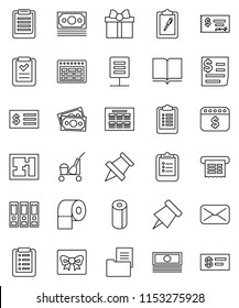 thin line vector icon set - cleaner trolley vector, toilet paper, book, schedule, clipboard, pin, cash, check, receipt, binder, dollar calendar, money, mail, network document, plan, estate, gift