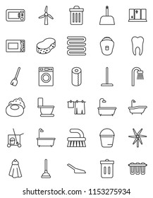 thin line vector icon set - soap vector, plunger, cleaner trolley, broom, fetlock, mop, scoop, bucket, sponge, towel, trash bin, bath, toilet, drying clothes, washer, shining window, paper, tooth