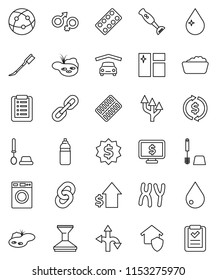 thin line vector icon set - water drop vector, car fetlock, window cleaning, toilet brush, washer, foam basin, blender, exchange, dollar growth, medal, monitor, bottle, route, internet, gender sign