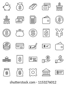thin line vector icon set - school building vector, bank, dollar coin, gold ingot, credit card, wallet, money bag, piggy, investment, check, receipt, any currency, yen sign, reader
