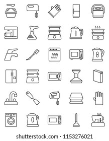 thin line vector icon set - plunger vector, water tap, sponge, car fetlock, washing powder, rubber glove, kettle, spatula, microwave oven, double boiler, fridge, washer, dishwasher, mixer