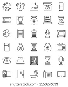 thin line vector icon set - washboard vector, kettle, alarm clock, abacus, money bag, sand, phone, big scales, film frame, video camera, microphone, classic, fridge, tv, kitchen, sewing machine