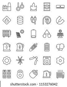 thin line vector icon set - kettle vector, magnet, weight, hand trainer, boxing glove, gymnast rings, flammable, oil barrel, remote control, battery, rca, gear, solar panel, windmill, factory