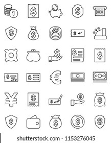 thin line vector icon set - dollar coin vector, cash, money bag, piggy bank, investment, stack, check, receipt, shield, any currency, euro sign, yen, wallet, cashbox