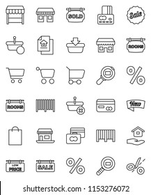 thin line vector icon set - house hold vector, cart, credit card, office, cargo search, estate document, sale signboard, rooms, sold, low price, new, shopping bag, percent, market, store, barcode
