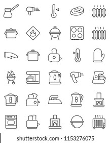 thin line vector icon set - iron vector, pan, camping cauldron, kettle, cook glove, turk coffee, toaster, oven, thermometer, bbq, steak, flammable, fireplace, heating, maker, hair dryer, heater