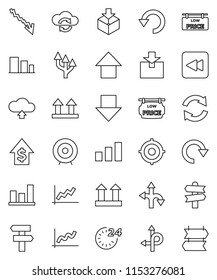 thin line vector icon set - graph vector, crisis, dollar growth, target, arrow down, up, route, signpost, top sign, package, sorting, backward button, cloud exchange, refresh, redo, undo, upload