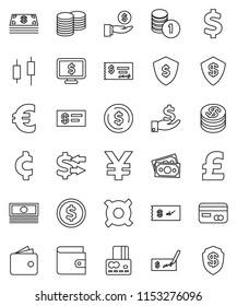 thin line vector icon set - exchange vector, dollar coin, japanese candle, credit card, wallet, cash, investment, stack, check, shield, monitor, any currency, euro sign, pound, yen, cent, money