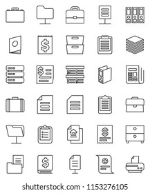 thin line vector icon set - case vector, clipboard, certificate, document, archive, exam, annual report, binder, receipt, newspaper, network folder, big data, estate, catalog, printer