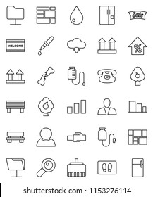 thin line vector icon set - water drop vector, welcome mat, percent growth, consolidated cargo, top sign, sorting, classic phone, magnifier, dropper, broken bone, counter, network folder, bench