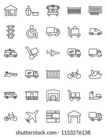 thin line vector icon set - school bus vector, bike, plane, traffic light, ship, truck trailer, sea container, delivery, car, port, consolidated cargo, warehouse, Railway carriage, disabled, garage