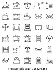 thin line vector icon set - washboard vector, kettle, hand mill, turk coffee, glasses, alarm clock, abacus, phone, umbrella, film frame, radio, tv, classic, closed, video camera, sewing machine
