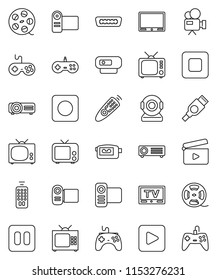 thin line vector icon set - cinema clap vector, film spool, tv, gamepad, video camera, remote control, play button, pause, stop, rec, hdmi, web, projector