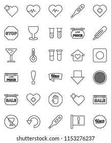 thin line vector icon set - sieve vector, arrow down, heart pulse, no alcohol sign, cross, attention, glass, rec button, thermometer, vial, undo, stop, sale signboard, low price, love home, new