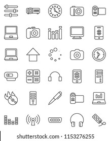 thin line vector icon set - pen vector, laptop graph, arrow up, clock, music hit, camera, equalizer, headphones, notebook pc, hdmi, loading, wireless, calculator, tap pay, monitor, video, computer