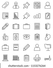 thin line vector icon set - pencil vector, student, case, clipboard, paper pin, manager, binder, receipt, sorting, classic phone, network folder, attachment, user, mailbox, apartments, building