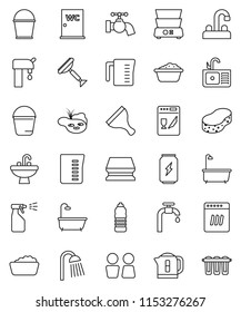 thin line vector icon set - scraper vector, bucket, sponge, water tap, bath, foam basin, sprayer, shower, closet, sink, measuring cup, double boiler, enegry drink, bottle, pond, supply, dishwasher